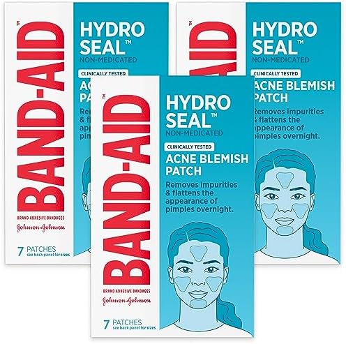 Band-Aid Brand Hydro Seal Acne Blemish Patches, Clear Non-Medicated Face Patch Absorbs Fluids & Provides a Protective Healing Environment for Pimples, Sterile, Three Pack, 3 x 7 Patches