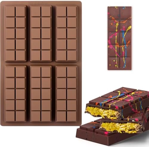 BABORUI 6 Cavities Chocolate Bar Mold Deep with 100Pcs Bags, Thick Chocolate Bar Mold for Stuffed Bar, Silicone Chocolate Mold for Filling Knafeh Pistachio Chocolate Bar(10 Snap)