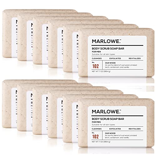 MARLOWE. No. 102 Men's Body Scrub Soap 7 oz (12 bars) | Earthy Oud Wood Scent | Best Exfoliating Bar for Men | Made with Natural Ingredients | Green Tea Extract | Updated Scent (12-Pack)