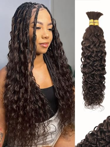 Chocolate Brown Braiding Hair Water Wave 100g 20 Inch Color 4 Bulk Hair for Braiding Deep Wave Bundles 12A Brazilian Virgin Curly Extensions for Boho Braids Wet and Wavy