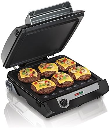 Hamilton Beach 4-in-1 Indoor Grill & Electric Griddle Combo with Bacon Cooker, Opens Flat to Double Cooking Surface, Removable Nonstick Plates, Black & Silver (25601)