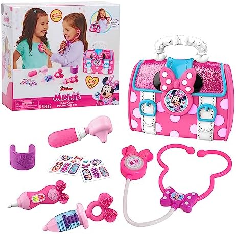 Disney Junior Minnie Mouse Bow-Care 8-piece Doctor Kit for Toddlers Ages 3-5, Lights and Sounds Stethescope, Officially Licensed, Pink, Preschool Pretend Play Kids Toys by Just Play