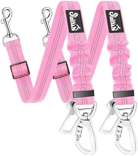 SlowTon Dog Seatbelt, 2 Pack Dog Seat Belt Car Leash Adjustable Elastic Bungee Buffer Heavy Duty Nylon Reflective Pet Safety Tether Connect to Dog Harness for Travel Riding in Vehicle (Daul Clip, PI)