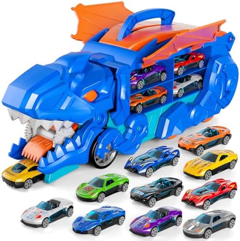 iHaHa Toddler Truck Toys for 3 4 5 6 Years Old Boys, Toys Cars Track Set Dinosaur Transporter Truck with 10 Die-Cast Car Toys, Transforms into Dino, Toddler Car Toys Set for Kids Boys Girls