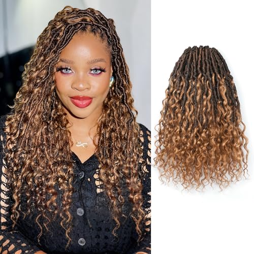 ToyoTress Boho Croceht Locs With Human Hair Curls - 16 Inch 8 Packs Ombre Brown Handmade Pre-Looped Crochet Braids For Black Women Human Hair, Butterfly Faux Locs (16 Inch, T30-8P)
