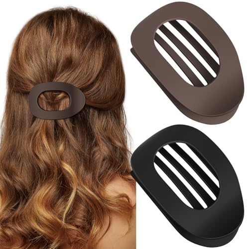 2 PCS Flat Hair Clips, French Round Lay Down Claw Clips for Women Girls, Matte Non-slip Strong Hold Hair Clips for Thick Thin Curly Hair, Comfortable Curved Flat Hair Clips, Brown & Black