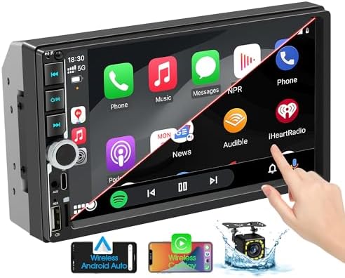 [Upgraded Wireless] 7'' Double Din Car Stereo Apple Carplay Android Auto, 240W Powerful Sound, RDS/FM/AM Radio, USB Type-C/AUX/TF Full Interface, Touchscreen Audio Reiceiver with Bluetooth Handsfree