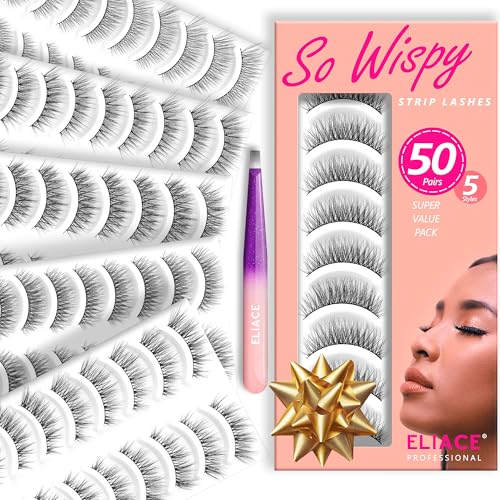 Eliace False Eyelashes Natural look Cat Eye Lashes Wispy 3D Mink Lashes 50 Pairs 5 Styles Fake Eyelashes Kit,Thin Soft Band Comfortable Fluffy Volume Cross Strip Lash,12-13mm,with Eyelash Tweezers