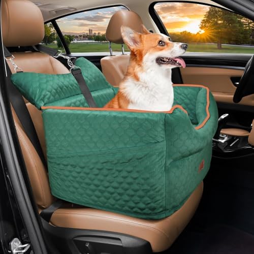 Dog Car Seat - Memory Foam Dog Booster Seat for Small Dogs Up to 25lbs-Elevated Pet Car Seat with Storage Pockets and Dog Seat Belt-Soft Pet Travel Bed for Front & Back Seats-Removable Washable-Green