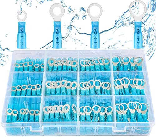 haisstronica 200pcs Blue Marine Grade Heat Shrink Ring Connectors-Tinned red Copper 0.7mm 4 Sizes #10,1/4",5/16",3/8",16-14 Gauge Heat Shrink Wire Connectors-Insulated Crimp Terminals Set