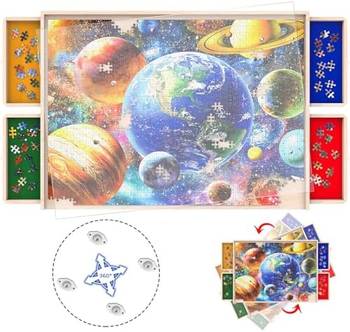 Puzzle Board with Drawers Rotatable 360-Degree Wheels and Cover 34'' x 26'' 1500 Piece Wooden Jigsaw Puzzle Table Puzzle Storage Organizer Portable Lightweight Design (No Lazy Susan)