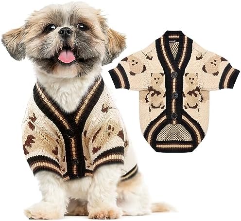Small Dog Sweaters Cute Bear Dog Cardigans Clothes for Small Medium Dogs Boy Girl Puppy Cat Knitting Cardigan Outfits Dog Winter Coats Warm Pet Dog Clothes Soft Knitwear Apparel (Beige,XS)