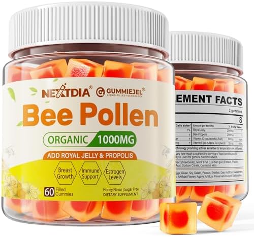 Bee Pollen Organic 1000mg, w/Propolis, Royal Jelly, Sugar Free Bee Pollen Gummies Rich in B-Vitamin, Antioxidants, Amino Acids, Bee Pollen Supplement for Energy, Skin & Immune (1 Pack)