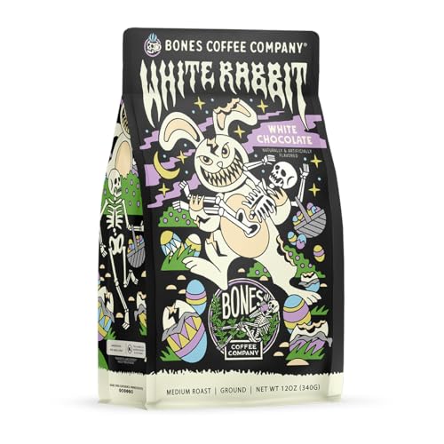 Bones Coffee Company White Rabbit Flavored Coffee Beans, Medium Roast Ground Coffee Low Acid, White Chocolate Flavor (12 oz)