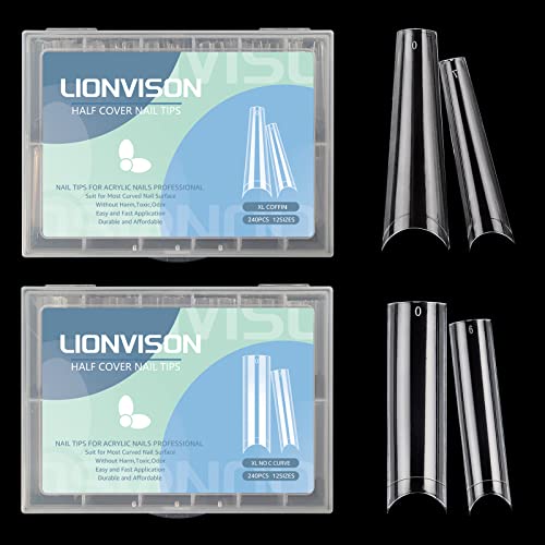 480PCS XL Long Clear Nail Tips, 240PCS Coffin Nails Tips with 240PCS NO C Curve Square Nail Tips for Acrylic Nails Professional, Half Cover Straight Ballerina Nail Extension Tips for Nail Salons Home