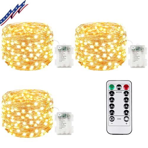 3Pack 99Ft 300LED Battery Operated Fairy Lights with Remote, Waterproof Battery Christmas String Lights with Timer, Twinkle Lights for Bedroom Christmas Decorations (Warm White)