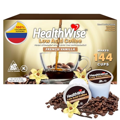 Healthwise Low Acid Coffee K-Cups French Vanilla 100% Colombian Coffee K-Cups - Medium Roast, Healthier Coffee For Sensitive Stomachs - 144 Count (Pack of 12)