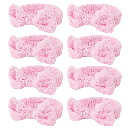 Casoty 8 Pcs Pink Spa Headbands, Soft Coral Fleece Hair Bow Headband for Washing Face, Makeup, Skincare, Yoga, Hair Accessory for Women, Girls, Adults, Gift