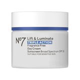 No7 Lift & Luminate Triple Action Fragrance Free Day Cream SPF 30 - Broad Spectrum Anti-Aging Face Cream - Hydrating Hibiscus Peptides & Hyaluronic Acid + Brightening Emblica & Vitamin C (50ml)