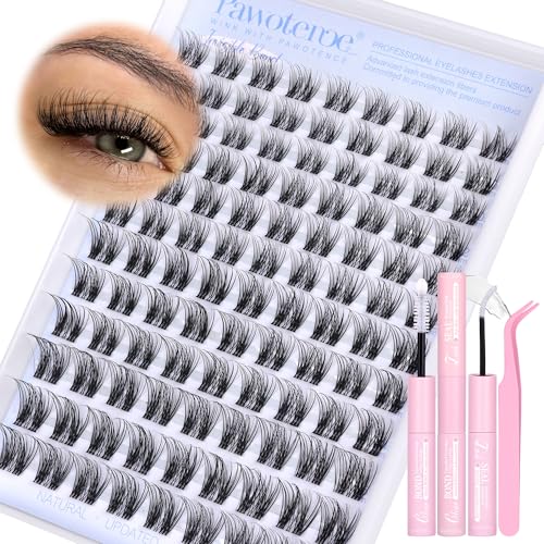 Pawotence Lash Clusters Kit Wispy Clear Band Lash Extension Kit 10-16mm Cluster Eyelash Extensions Kit Individual Lashes Wipsy Eyelash Clusters with Clear Lash Bond and Seal, Lash Tweezers