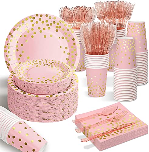 AIRE 350PCS Pink and Gold Party Supplies, Severs 50 Disposable Partyware, Gold Plastic Cutlery, Napkins, Plates for Baby Shower, Birthday, Wedding