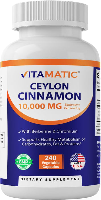 Vitamatic Ceylon Cinnamon 10000 mg Equivalent per Serving with Berberine & Chromium - 240 Vegetable Capsules - Non-GMO & Gluten Free