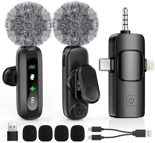 Wireless Lavalier Microphone for iPhone, Android, USB C, PC, Camera Video Recording 4 in 1 Clip-on Mics with Rotatable Clip&Denoise Recording, for Vlog Tiktok YouTube Podcast Content Creator