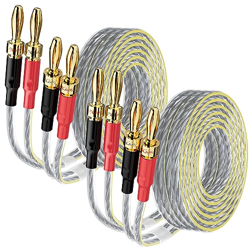 2 Pack 16/2 Speaker Flat Wire Cable with Banana Tip Plugs 15 FT, CL3 Rated, 16 Gauge AWG Wire, Tinned OFC Copper, Transparent Jacket with Yellow Polarity Marker, for Indoor & Outdoor, Hi-Fi