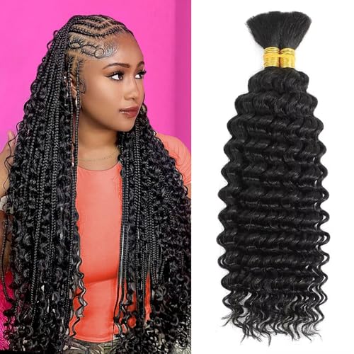 Human Braiding Hair 2 Bundles 100g 24 Inch Deep Wave Bulk Human Hair for Braiding No Weft Curly Braiding Hair Bulk Curly Human Hair for Boho Braids 12A Brazilian Virgin Hair Extensions Natural Color