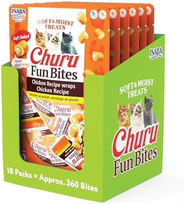 INABA Churu Fun Bites for Cats, Soft & Chewy Baked Chicken Wrapped Filled Cat Treats with Taurine, 0.42 Ounces Each Tetra, 18 Tetras (3 per Bag), Chicken Recipe
