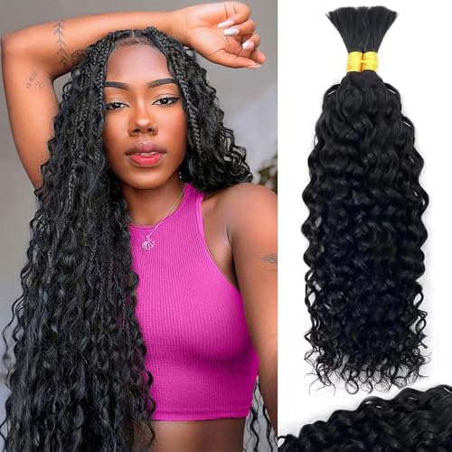 Human Braiding Hair Deep Water Wave Bulk 100g 2 Bundles 26 Inch 100% Brazilian Virgin Curly Extensions for Boho Braids Natural Black Wet and Wavy Braiding Boho Human Hair