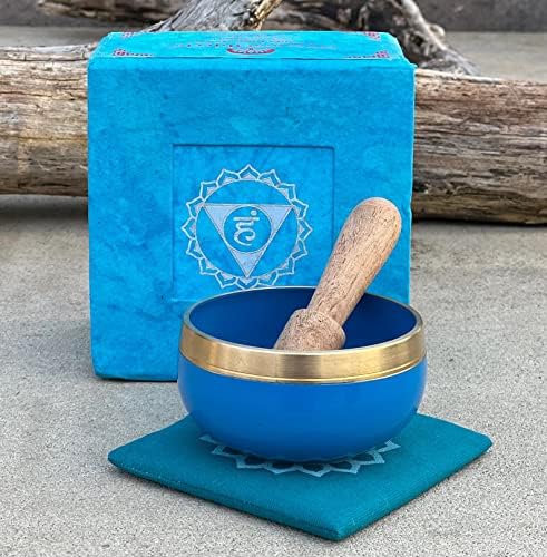 DharmaObjects Tibetan Throat Chakra Premium Palm Size Singing Bowl Gift Box Set