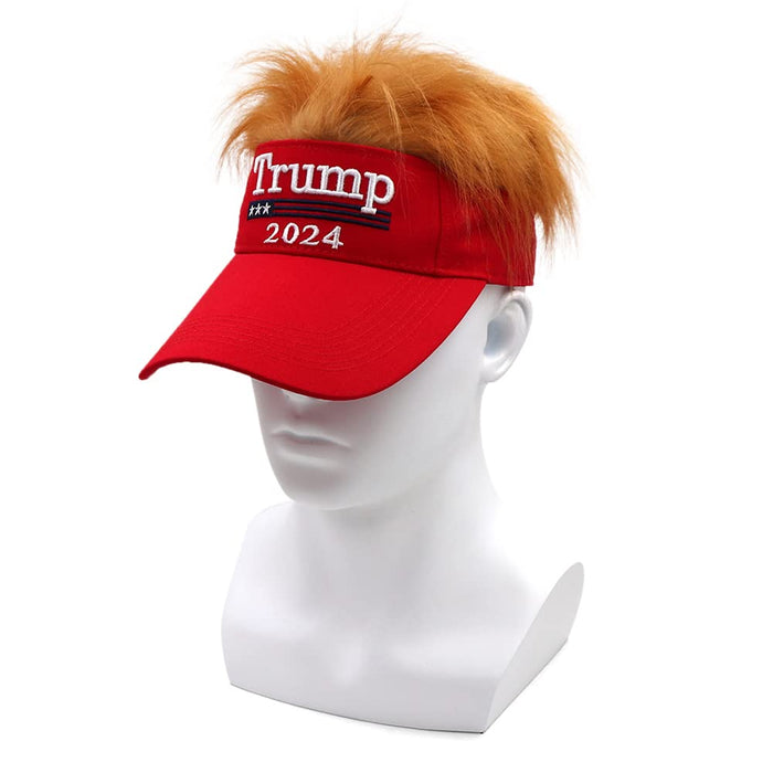 Trump Hat with Hair Trump 2024 MAGA Hat Donald Trump Hair Wig Visor Red Hat Embroidered Ultra MAGA Adjustable Baseball Cap