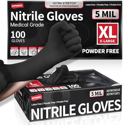 Disposable Nitrile Exam Gloves, 5 Mil Chemical Resistant Powder-Free Latex-Free Food Safe Medical Glove Black 100Pcs