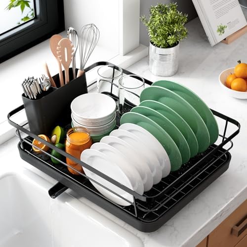 Kitsure Dish Drying Rack- Space-Saving Dish Rack, Dish Racks for Kitchen Counter, Stainless Steel Kitchen Drying Rack with a Cutlery Holder, 12''W x 15''L, Black