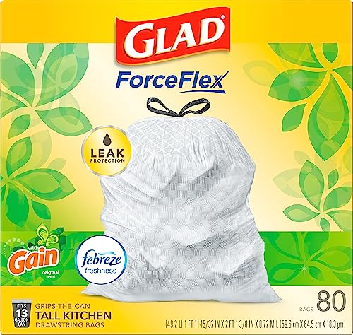 Glad Trash Bags, ForceFlex Tall Kitchen Drawstring Garbage Bags,13 Gal, Gain Original with Febreze, 80 Ct