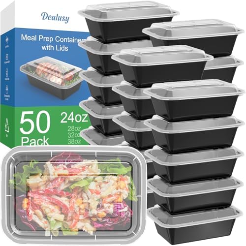 50 Pack (100-Piece) 24 oz Meal Prep Containers Reusable with Lids, Sturdy Leakproof & Food Safe, Microwave, Freezer, Dishwasher Safe Food Prep Containers, To Go Take Out Plastic Food Storage