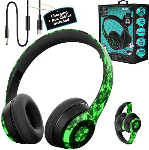 Disney Nightmare Before Christmas Glow in The Dark Bluetooth Headphones Over Ear, Wireless and Wired Foldable Headset Built-in Microphone - Tim Burton Jack Skellington & Sally - Adults Kids