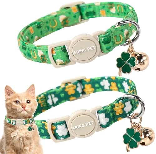 ARING PET 2 Pack St. Patrick's Day Cat Collars-Cute Green Clovers Cat Collar Breakaway with Bell&Pendant, Adjustable Lucky Trefoil Kitten Collars with Safety Buckle