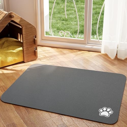 Pet Feeding Mat - Absorbent Dog Mat for Food and Water, No Stains Cat Bowl Mat, Easy to Clean Pet Placemats, Quick Dry Dog Water Dispenser Mat for Messy Drinkers | Dark Grey 12"x 19"