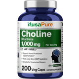 NusaPure Choline Bitartrate 1000 mg 200 Veggie Capsules (Vegetarian, Non-GMO)