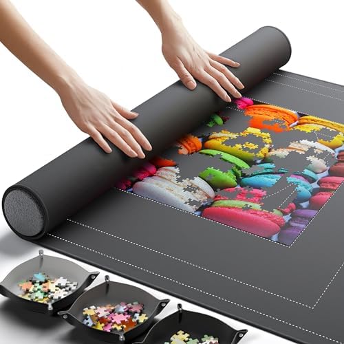Newverest Jigsaw Puzzle Mat Roll Up, Saver Pad 55” x 35.5” Portable Keeper Up to 3000 Pieces with Non-Slip Rubber Bottom and Polyester Top + 3 Puzzle Sorting Trays, Travel-Friendly Storage Bag