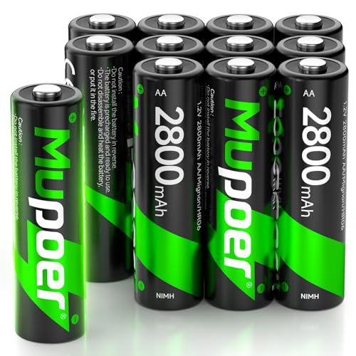 Mupoer 12-Count AA Rechargeable Batteries, 2800mAh Double A Ni-MH Battery, Long-lasting and Low Self Discharge Batteries