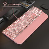 Typewriter Mechanical Gaming Keyboard and Mouse Combo, Retro Punk Round Keycaps White LED Backlit USB Wired Computer Keyboard for Game and Office, for Windows Laptop PC, Red Switches(Pink)