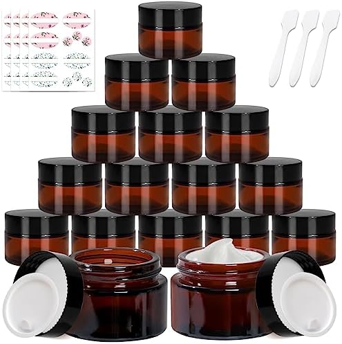 Keketin 1 oz Amber Glass Jars,24 Pack Empty Cosmetic Containers with Black Screw Lids,Refillable Round Cream Jars for Lotion,Bath Salts,Travel