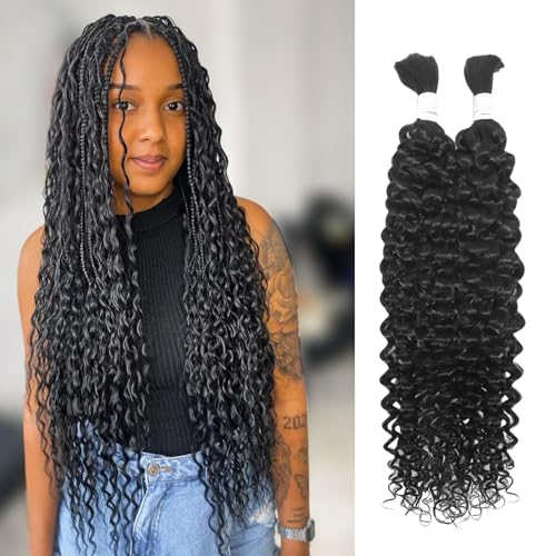 Human Braiding Hair for Boho Braids 2 Bundles 100g 28Inch Water Wave Human Hair Braiding Hair 12A Brazilian Virgin No Weft Hair Extensions for Bohemian Knotless Braids Bulk Human Hair for Braiding