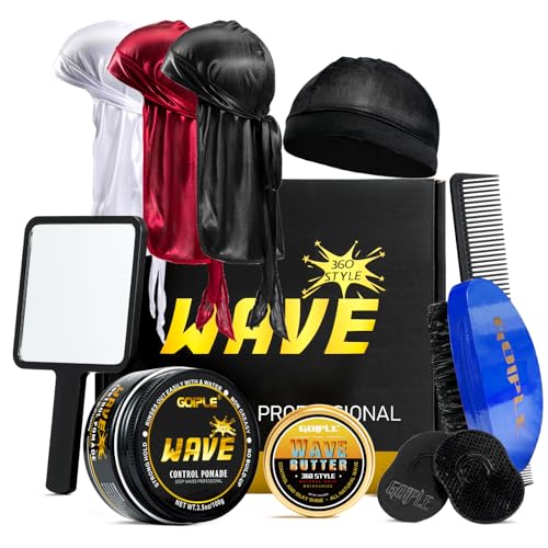Strong Hold Wave Pomade for Men, Easy Wash 360 Wave Training Hair Cream Grease Promotes Layered Waves, Moisture, Silky Shine, Brush and Durag Cap Set (Blue)