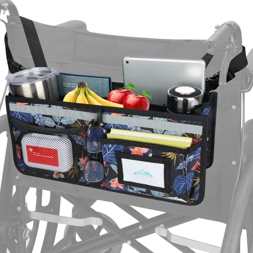 supregear Wheelchair Basket for Back, Large Capacity Wheelchair Backpack Organizer Bag with Multiple Pockets and Cup Holder, Waterproof Storage Pouch for Seniors, Floral Black