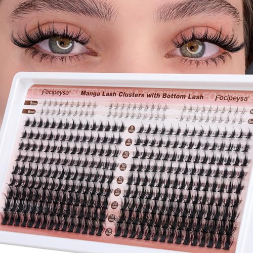Focipeysa Manga Lash Clusters Wispy Eyelash Extensions 330Pcs Anime Lashes Extension Natural Eyelash Clusters 8-16mm Individual Eyelash Extension Bottom Lashes