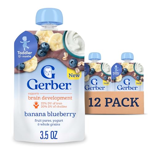 Gerber Toddler Food, Banana Blueberry, Fruit Puree, Yogurt & Whole Grains Pouches, Iron & Choline Helps Support Brain Development, No Artificial Flavors, 12-Pack